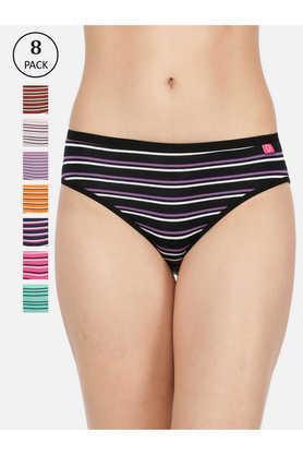 women assorted deep color striped pack of 8 inner elasticated lycra hipster panties - multi