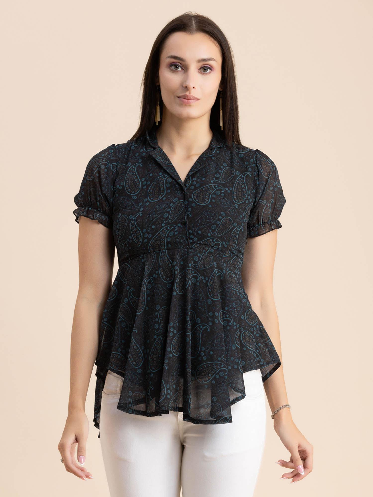 women asymmetrical fit georgette paisley black top