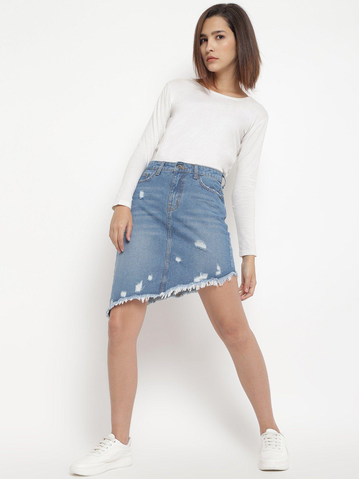 women asymmetrical mid-blue denim skirt