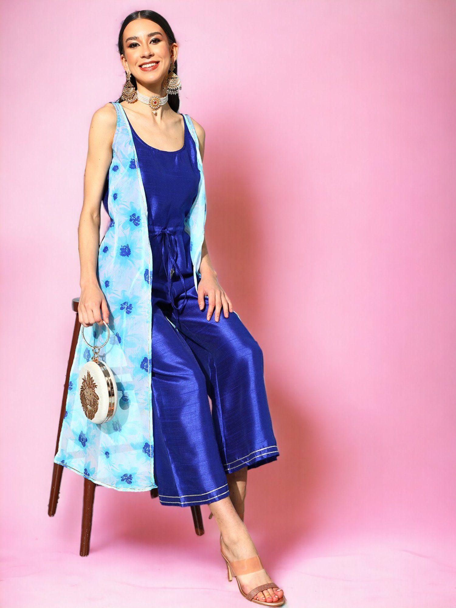 women attractive blue printed top to toe fusion jumpsuit