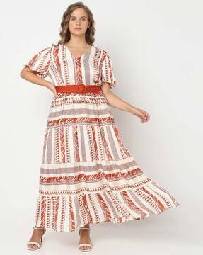 women aztec print a-line dress with belt