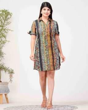 women aztec print shirt dress with spread collar