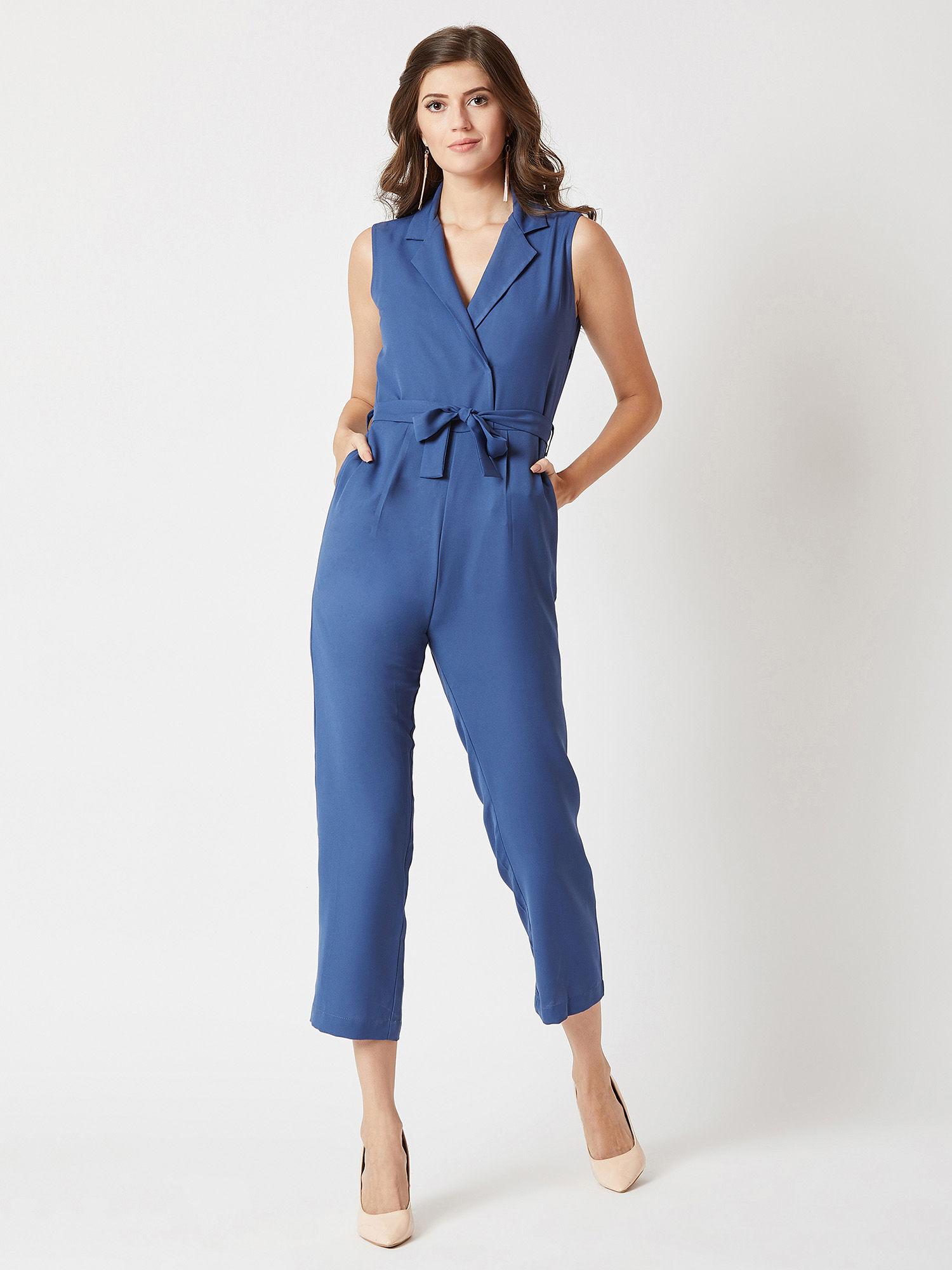 women azure blue v-neck sleeveless straight leg tie-up solid belted wrap jumpsuit