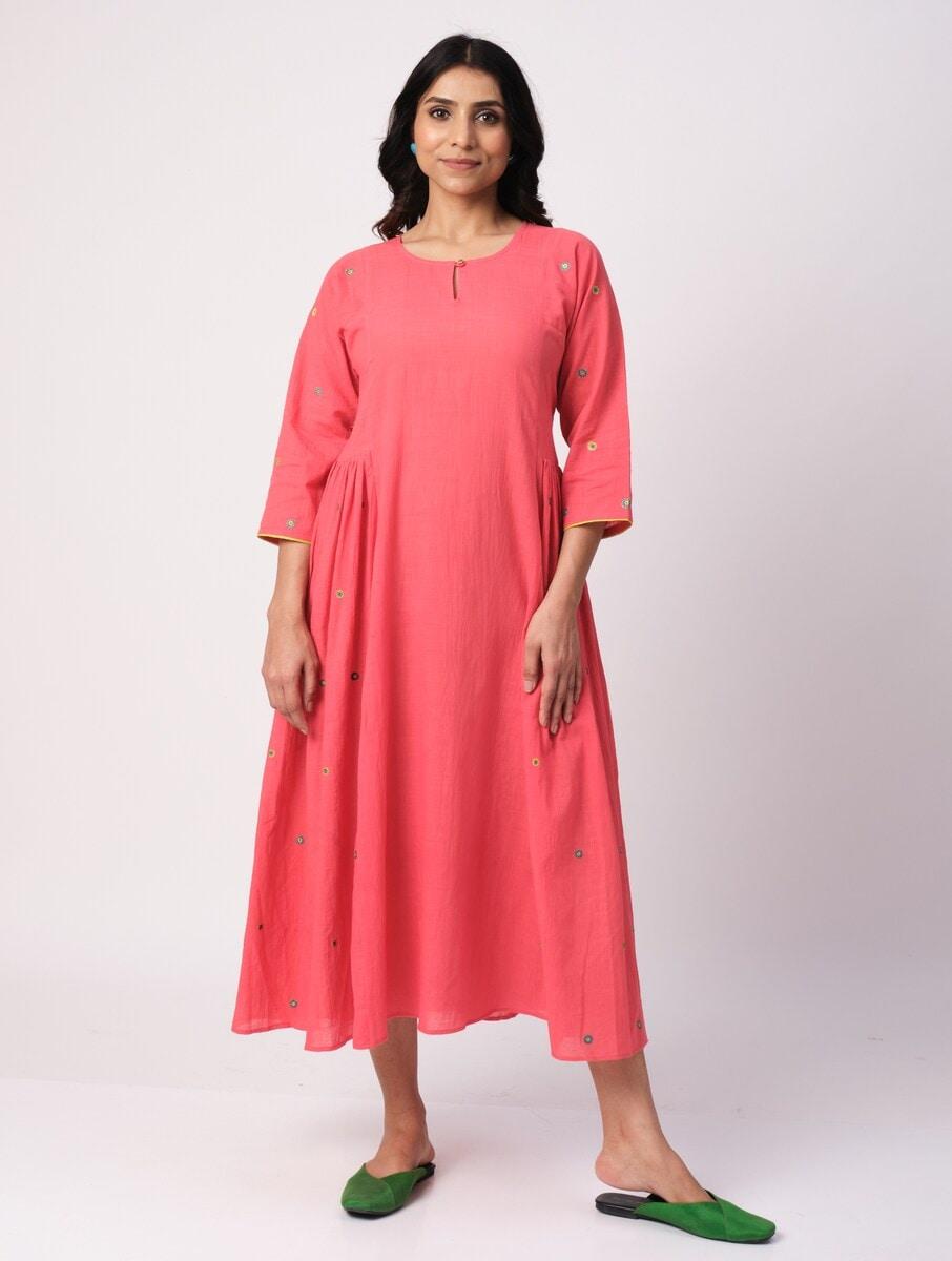women baby pink cotton embroidered keyhole neck loose fit dresses