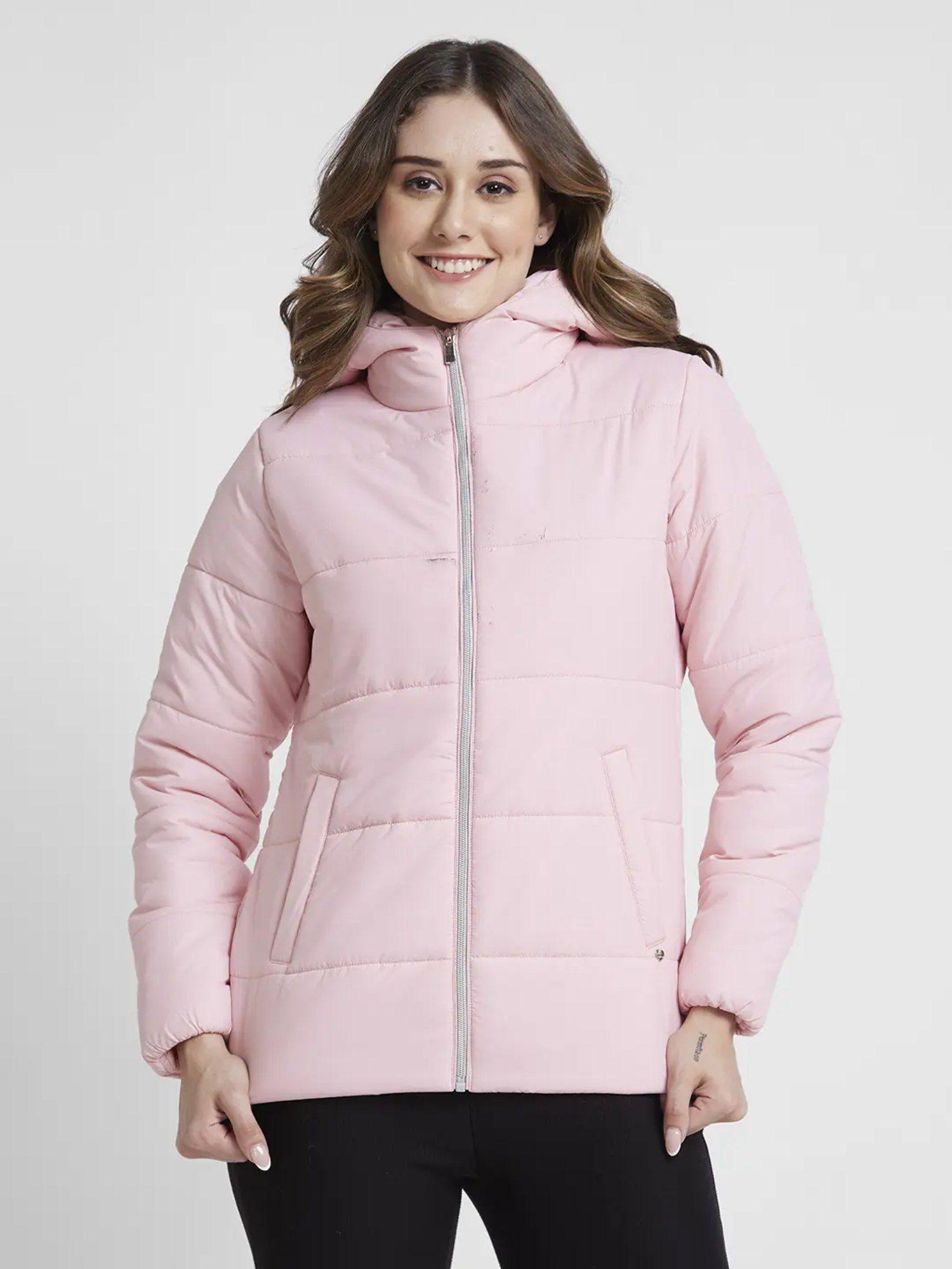 women baby pink regular fit hooded plain jacket