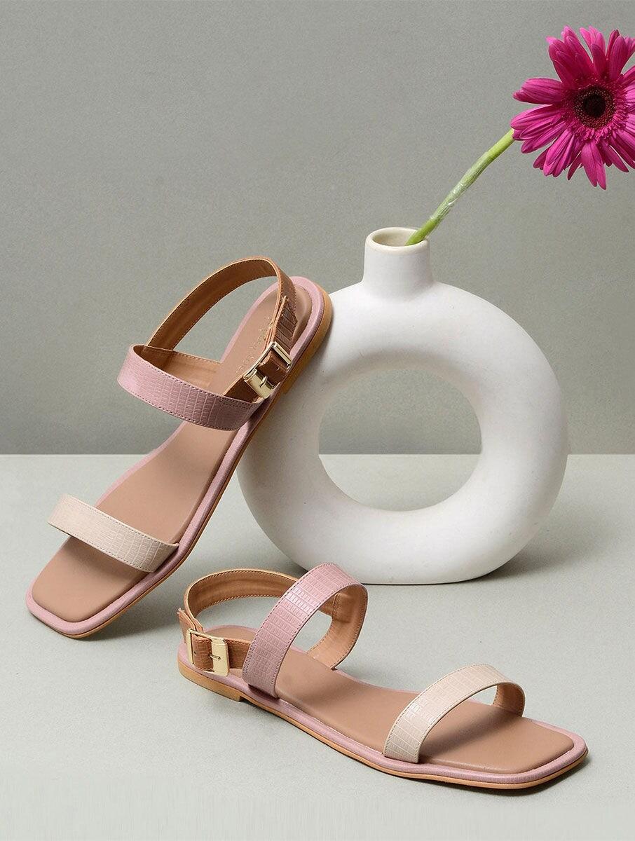women baby pink rubber colorblock ankle loop sandals