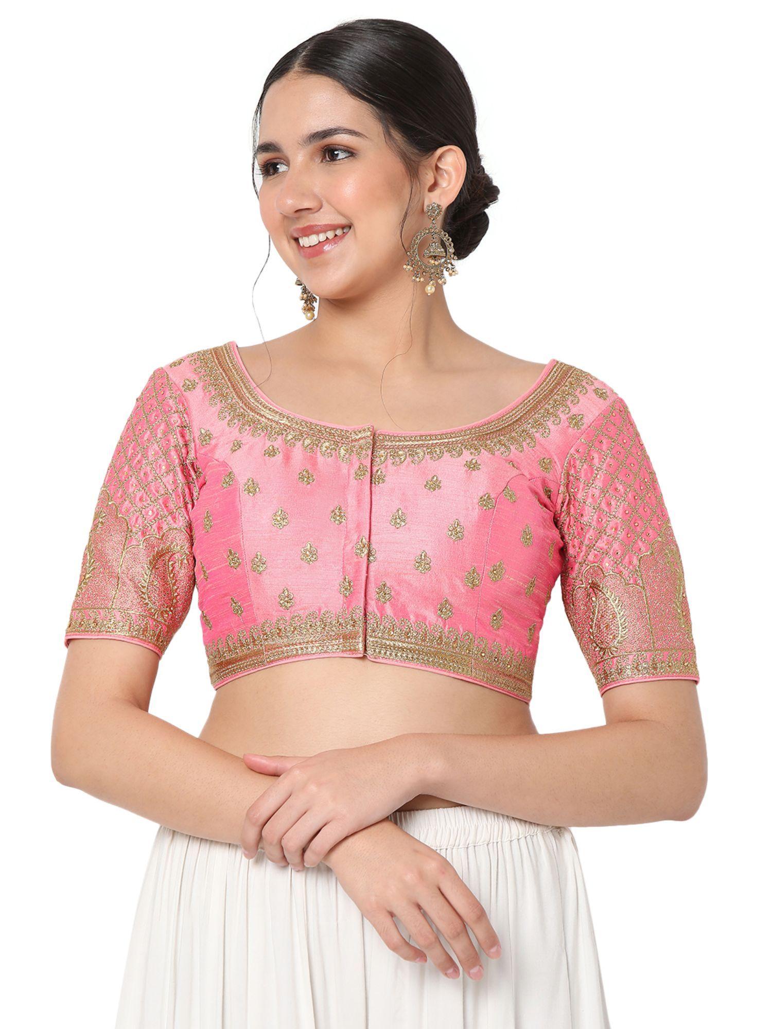 women baby pink silk blend embroidered readymade saree blouse