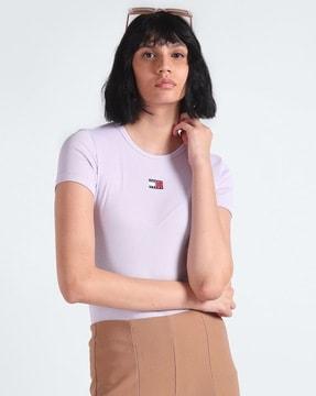 women badge ribbed slim fit crew-neck t-shirt