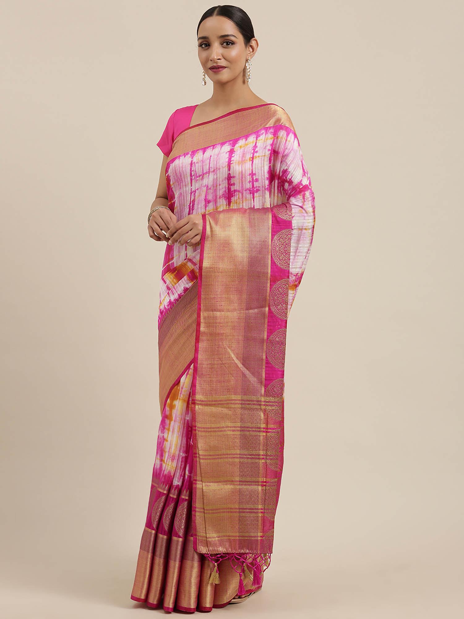 women banarasi linen saree with unstitched blouse