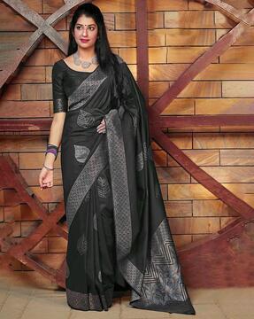 women banarasi saree with leaf woven motifs & contrast border