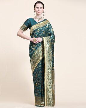 women banarasi woven saree with contrast zari border