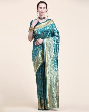 women banarasi woven saree with contrast zari border