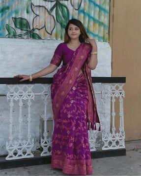 women banarasi woven saree with unstitched blouse piece