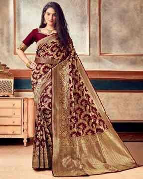 women banarasi zari woven saree with unstitched blouse piece