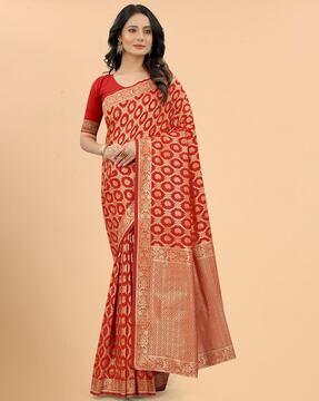 women banarasi zari woven saree with unstitched blouse piece