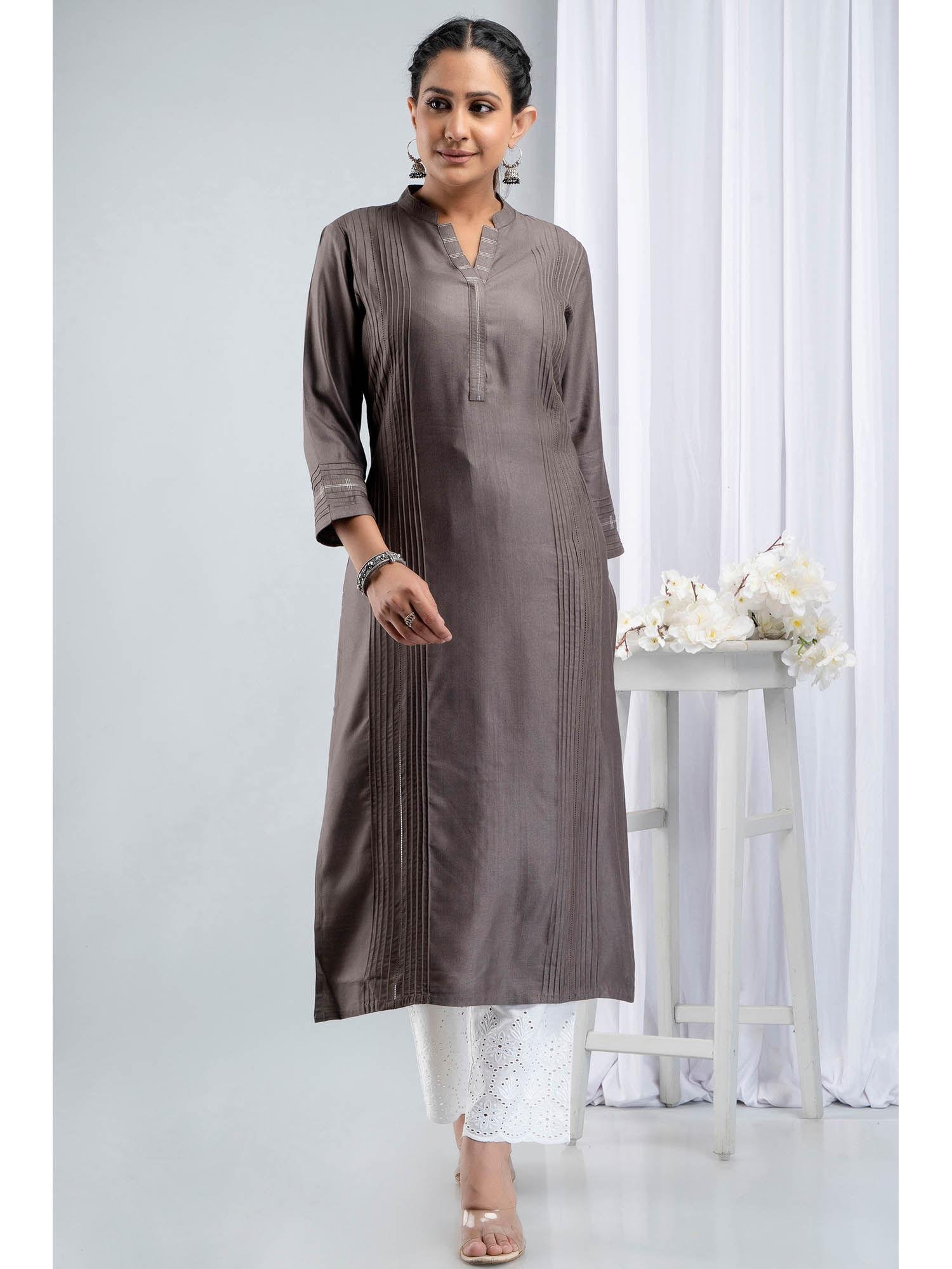 women banarsi chanderi formal wear straight long kurta grey