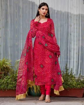 women bandhani print a-line kurta & pants with dupatta