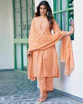 women bandhani print a-line kurta & pants with dupatta