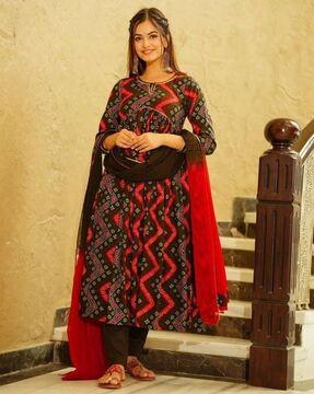 women bandhani print fit &flare dress with dupatta