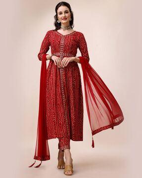 women bandhani print flared kurta & pants with dupatta