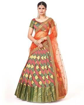 women bandhani print flared lehenga choli set with dupatta