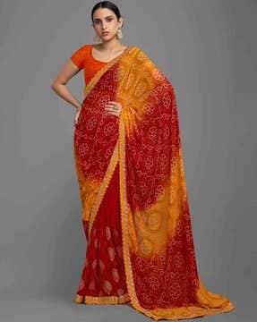 women bandhani print georgette saree with lace border