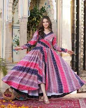 women bandhani print gown dress with high-low hem