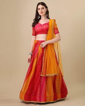 women bandhani print lehenga choli set with dupatta