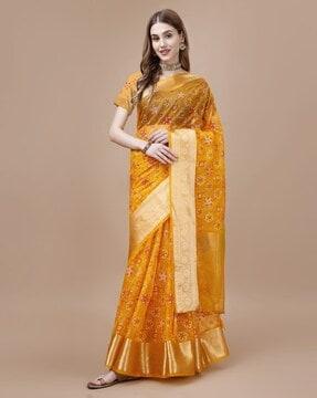 women bandhani print organza saree with tassels