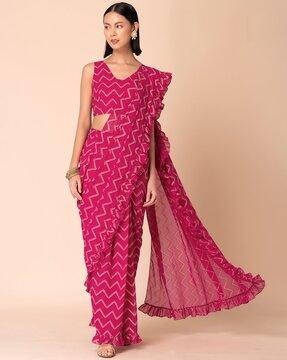 women bandhani print pre-stitched saree with ruffled border
