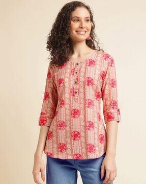 women bandhani print relaxed fit top