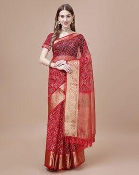 women bandhani print saree with contrast border