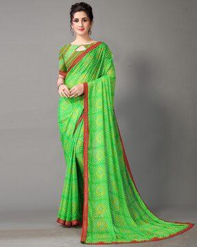 women bandhani print saree with contrast border