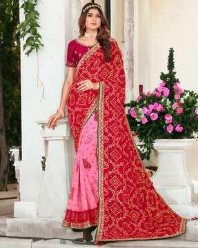 women bandhani print saree with lace border