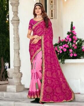 women bandhani print saree with lace border