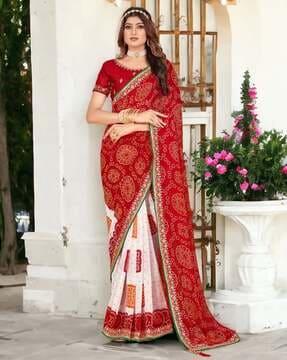 women bandhani print saree with lace border