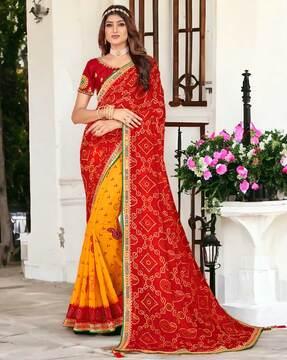 women bandhani print saree with lace border