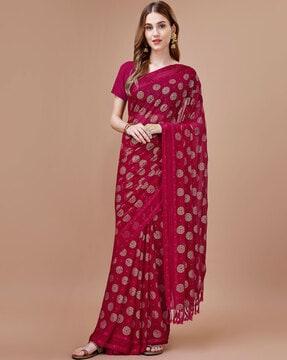 women bandhani print saree with tassels