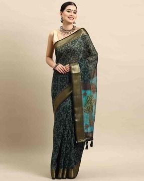 women bandhani print saree with tassels