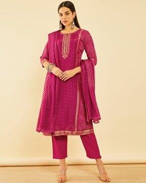 women bandhani print straight kurta set with dupatta