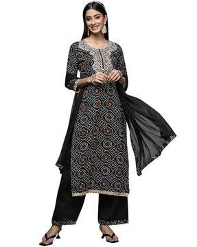 women bandhani print straight kurta set