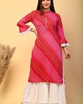 women bandhani print straight kurta set