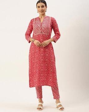 women bandhani print straight kurta set