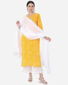 women bandhani print straight kurta with pants & dupatta