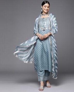 women bandhani print straight kurta with pants & dupatta