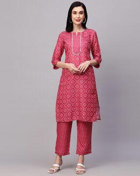 women bandhani print straight kurta with pants