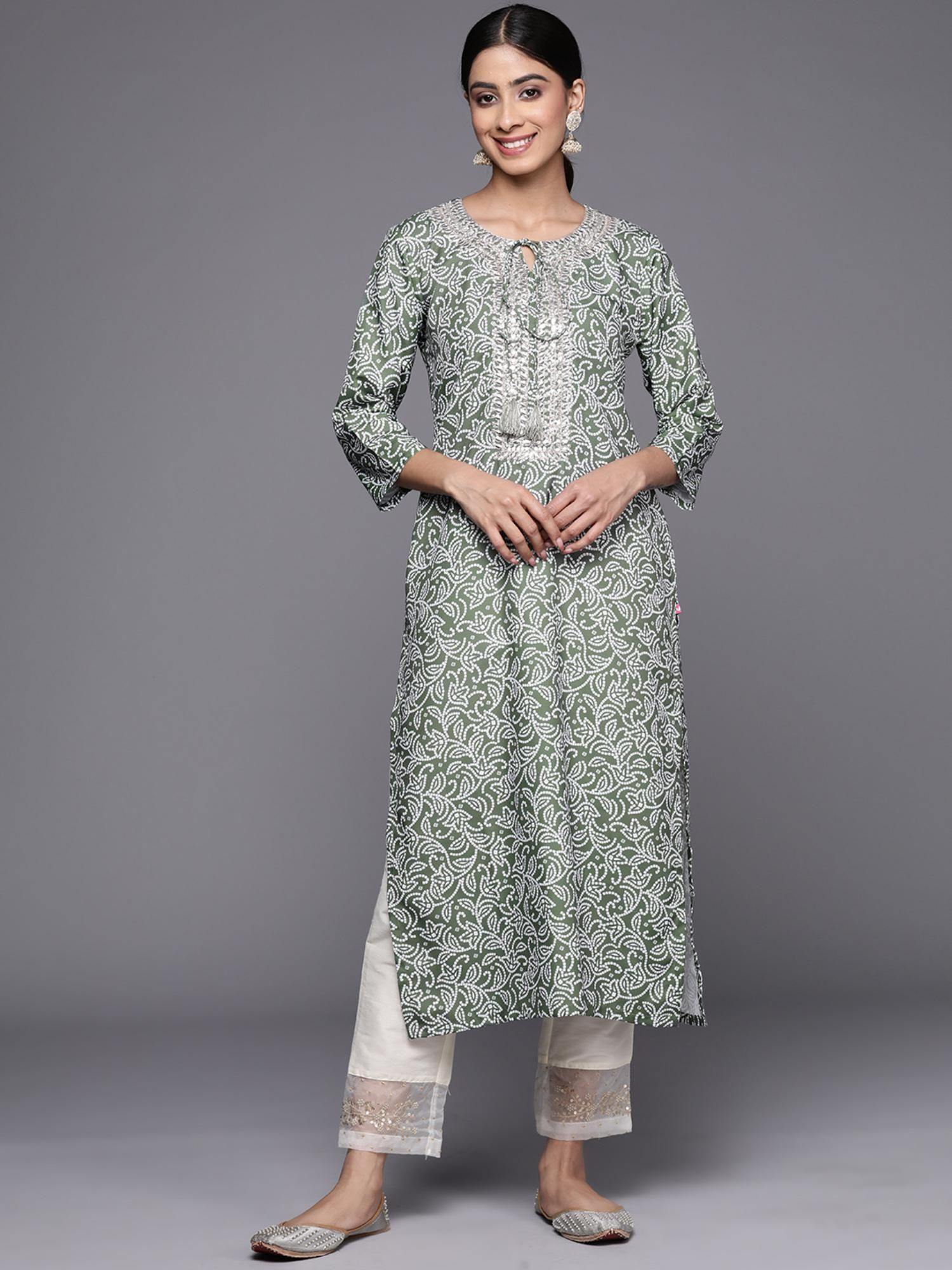 women bandhani printed, gota embellished yoke, straight kurta