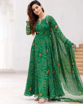women bandhani printed fit & flare dress with dupatta set