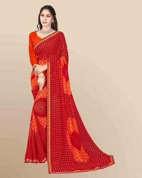 women bandhani printed saree with lace border