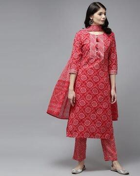 women bandhani printed straight kurta pants & dupatta set